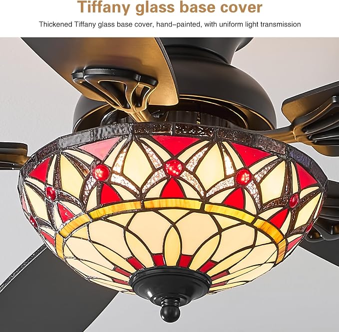 Tiffany Ceiling Fans with Lights - 52" Ceiling Fan Chandelier with 5 Dual-Blades and Glass Shade, 6 Speeds and Reversible, Indoor and Outdoor, Retro Style