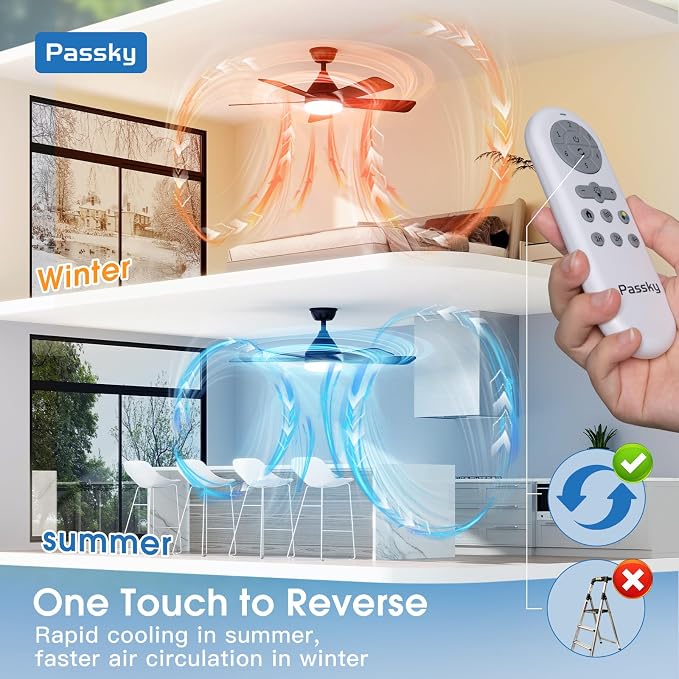 Passky Ceiling Fans with Lights, 42 inch Sleek Ceiling Fan with Light and Remote Control, 3CCT, Dimmable, Reversible, Noiseless, Black Ceiling Fan for Bedroom, Living Room