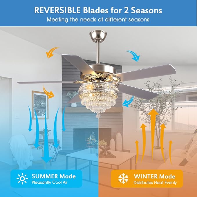 GJeg Crystal Ceiling Fan Fandelier with Lights - Retro Outdoor Fans with Remote Control, Farmhouse Ceiling Fan with Noiseless AC Reversible Motor,Dining Room,Living Room(52" Silver)