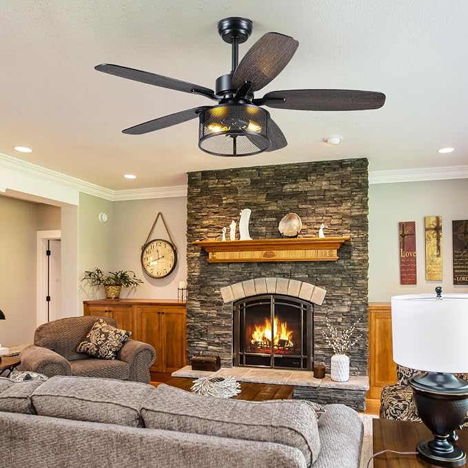 Hounberi 48 Inch Farmhouse Ceiling Fan with Light and Remote, Industrial Black Caged Ceiling Fan, Dual Finish 5 Blades, 6-Speed Reversible DC Motor, Industrial Ceiling Fans for Bedroom, Living Room