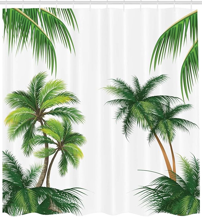 Ambesonne Tropical Shower Curtain, Coconut Palm Tree Nature Paradise Plants Foliage Leaves Digital Illustration, Cloth Fabric Bathroom Decor Set with Hooks, 69" W x 84" L, Hunter Green
