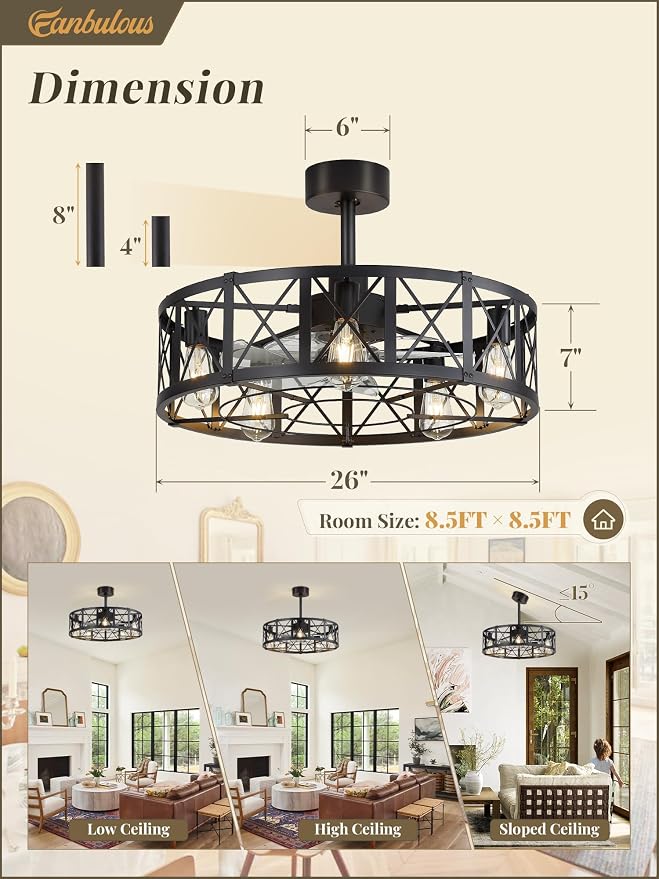 Fanbulous 26 Inch Fandelier Caged Ceiling Fans with Lights and Remote, Black Bladeless Ceiling Fan with 6 Speeds and Timing, Farmhouse Samll Fan Lights Ceiling Fixtures for Kitchen, Bedroom-Black