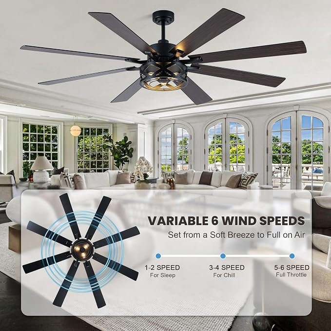 Dawn Whisper Black Ceiling Fans with Lights 72 Inch Farmhouse Ceiling Fan with Remote Quiet Reversible DC Motor 6 Speeds 8 Blades Large Industrial Chandelier Fan for Living Room Bedroom