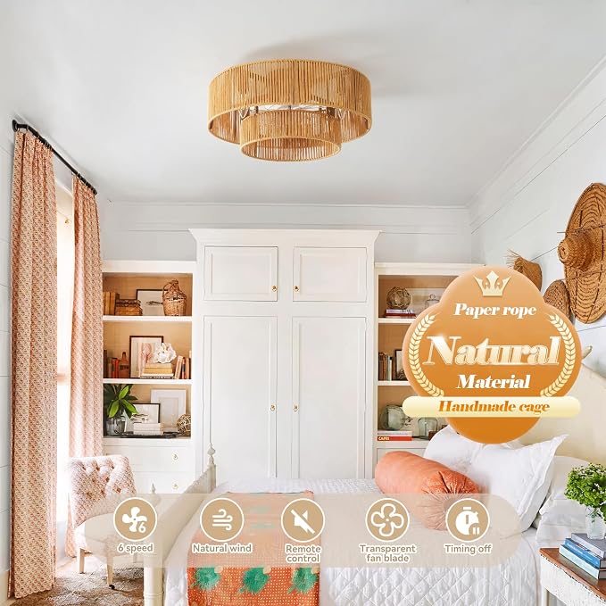 20 Inch Boho Caged Ceiling Fans with Lights Flush Mount, Boho Rattan Fandelier Ceiling Fan with Light Remote Control with Reversible 6 Speeds for Bedroom, Nursery, Living Room, E12 Base,Indoor