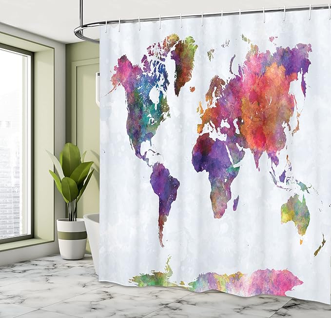 Ambesonne Watercolor Shower Curtain, Multicolored Hand Drawn World Map Asia Europe Africa America Geography Print, Cloth Fabric Bathroom Decor Set with Hooks, 69" W x 70" L, Purple Multicolor