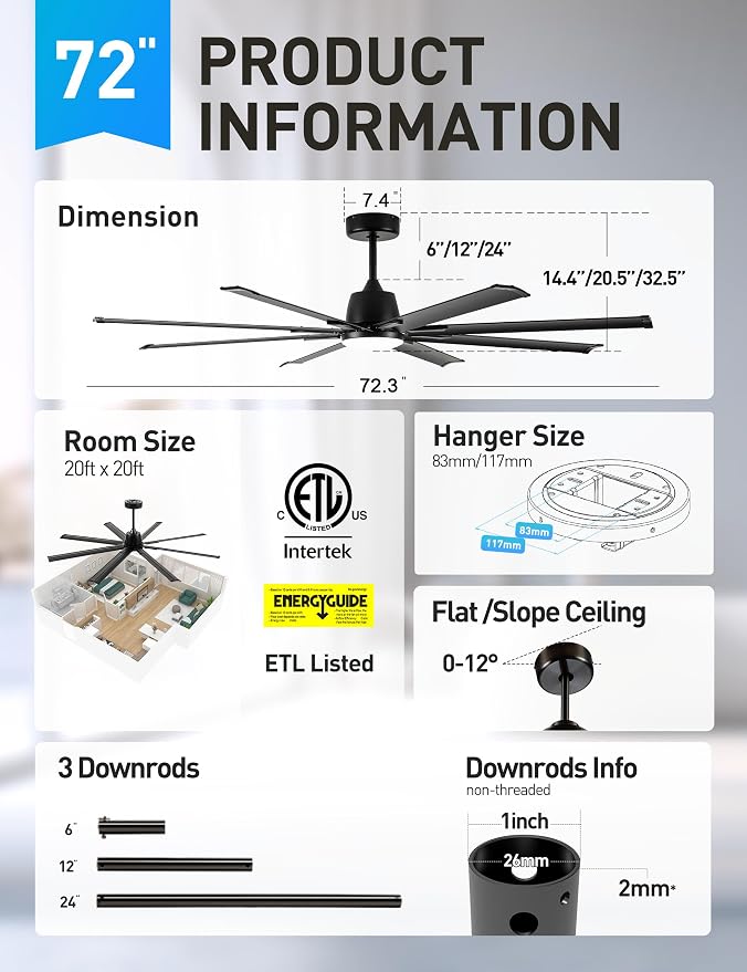 Minislak 72 Inch Ceiling Fan with Light,Industrial Ceiling Fan with 8 Black Aluminium Blades,Smart Fan Compatible with Alexa,Garage Outdoor Indoor Fan for Patio and Living Room