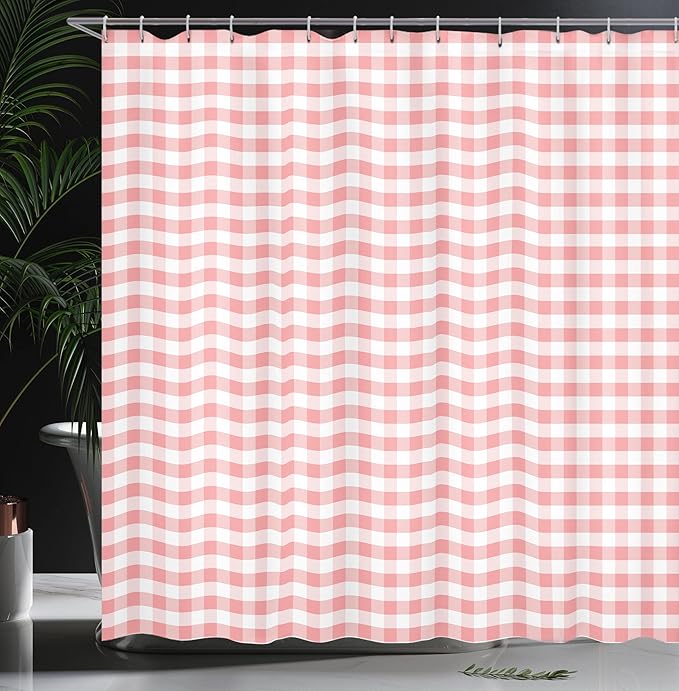 Ambesonne Checkered Shower Curtain, Monochrome Gingham Checks Classical Country Culture Old Fashioned Grid Design, Cloth Fabric Bathroom Decor Set with Hooks, 69" W x 75" L, Pastel Pink