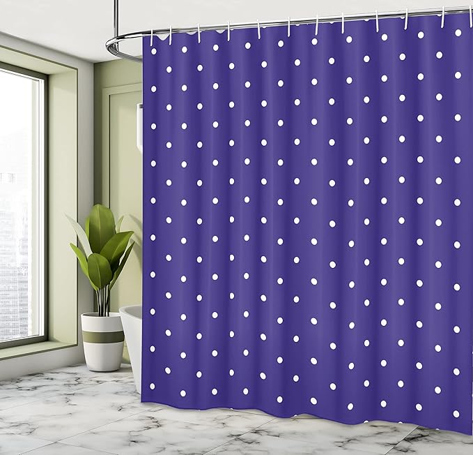 Ambesonne Navy Shower Curtain, Polka Dots Pattern Nostalgic Feminine Shabby Form Little Spots Motif, Cloth Fabric Bathroom Decor Set with Hooks, 69" W x 70" L, Purple White