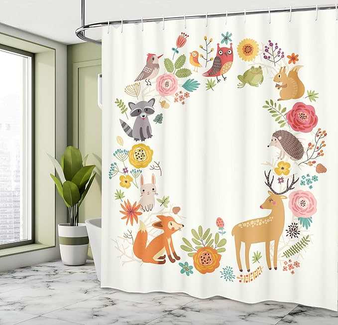 Ambesonne Forest Shower Curtain, European Forest Fauna and Flora with Deer Fox Raccoon and Roses Cartoon Wildlife, Cloth Fabric Bathroom Decor Set with Hooks, 69" W x 75" L, Ecru Mustard