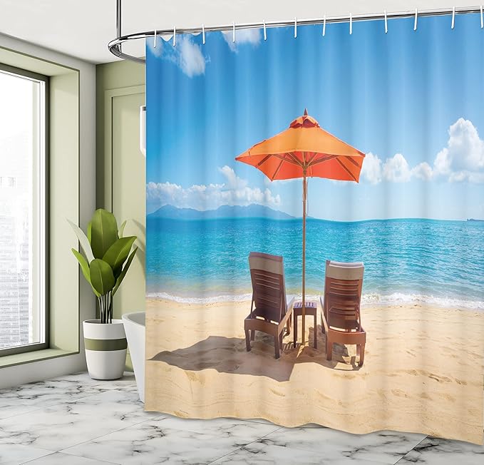 Ambesonne Coastal Shower Curtain, 2 Chairs and Caribbean Sea Under Umbrella Wedding Celebrations, Cloth Fabric Bathroom Decor Set with Hooks, 69" W x 75" L, Sand Brown Sky Blue