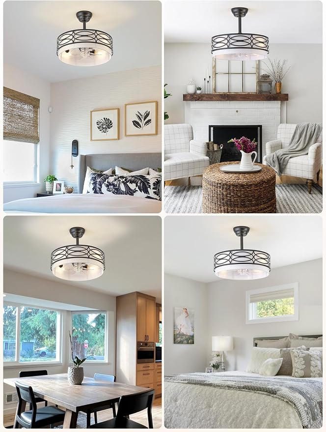 20" Black Farmhouse Ceiling Fan with Light, Caged Fandelier Ceiling Fans with Lights Remote Control with 6 Speeds for Bedroom, Living Room, Nursery