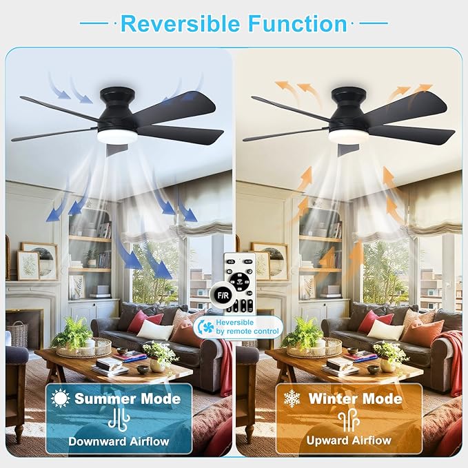 Depuley Modern Ceiling Fan with Light: 42-Inch Black Small Fans for Bedroom Indoor Outdoor - Dimmable Low Profile Ceiling Fans with Remote Control Flush Mount 5 Reversible Black Blades 6 Speeds Timer