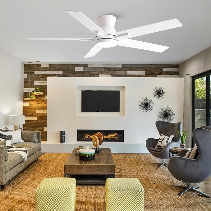 Sevenine 52'' White Flush Mount Ceiling Fan with Light & Remote, ETL Listed | 6 Speed, Quiet DC Motor, 3-Level Timer Function, 3 Color Temperature, Forward/Reserve For all Seasons, Indoor/Covered Outdoor