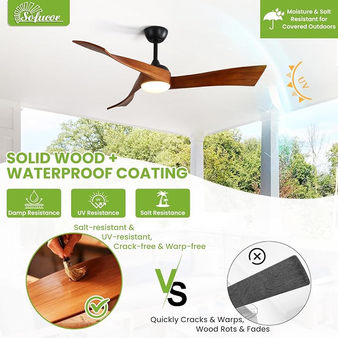 Sofucor 52 Inch Ceiling Fan with Light and Remote - 3 Solid Wood Blades, Quiet DC Motor, 6 Speeds 5000CFM, Dimmable Tri-Color LED with Memory, Timer & Reversible for Living Room, ETL, Walnut Wood