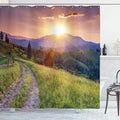 Ambesonne Landscape Shower Curtain, Sunset in The Mountain Landscape Rural Road Forest Countryside Wonderland Print, Cloth Fabric Bathroom Decor Set with Hooks, 69" W x 75" L, Purple Grey