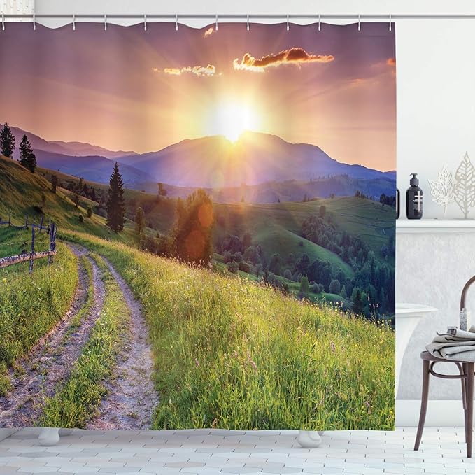 Ambesonne Landscape Shower Curtain, Sunset in The Mountain Landscape Rural Road Forest Countryside Wonderland Print, Cloth Fabric Bathroom Decor Set with Hooks, 69" W x 75" L, Purple Grey
