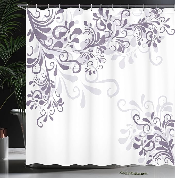 Ambesonne Oriental Shower Curtain, Floral Ivy Swirls and Leaves Abstract Modern Frame Like Artwork Image, Cloth Fabric Bathroom Decor Set with Hooks, 69" W x 75" L, Pale Eggplant