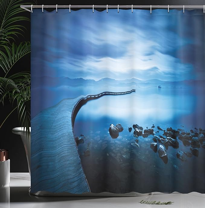 Ambesonne Seascape Shower Curtain, Seaside Rocks Curvy Jetty at Dawn Dreamy Panoramic Majestic Aquatic View Print, Cloth Fabric Bathroom Decor Set with Hooks, 69" W x 75" L, Navy Blue
