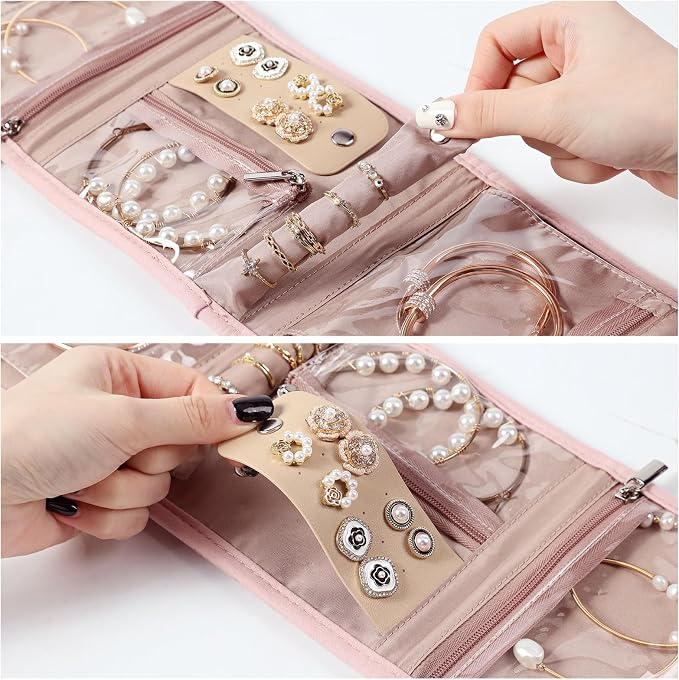 BELALIFE Travel Jewelry Case, Jewelry Organizer Roll for Accessories | Bag with foldable roll design for earrings, necklaces, rings, bracelets and brooches,Pink