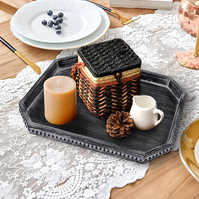 CedarLux Decorative Coffee Table Serving Tray, Long Octagonal Black Wood Tray with Wooden Bead, Farmhouse Big for Ottoman Table, Countertop, Home Decor, 16.5"x13"x1.6" (Retro Black)