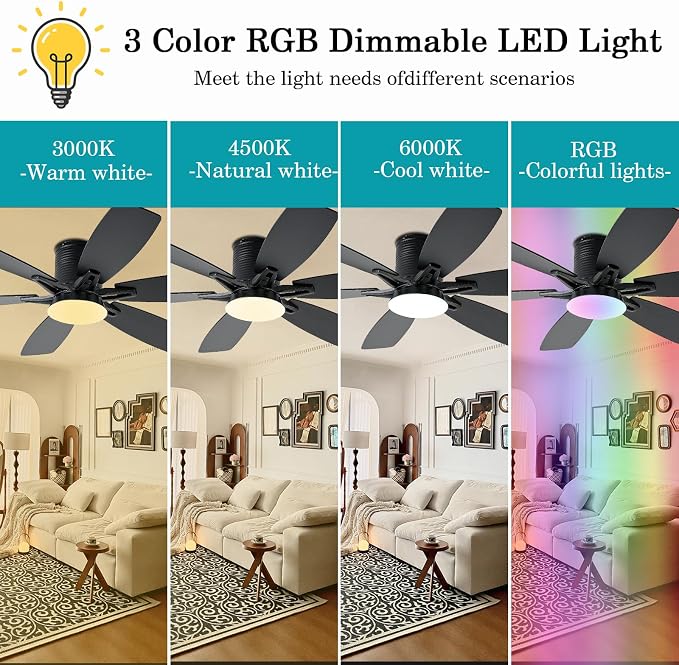 52inch Black Ceiling Fans with Lights and Remote/App Control, Low Profile Ceiling Fan with Light and 6 Double-Side blades, Flush Mount, LED/RGB Dimmable DC Reversible Modern Ceiling Fan for Bedroom