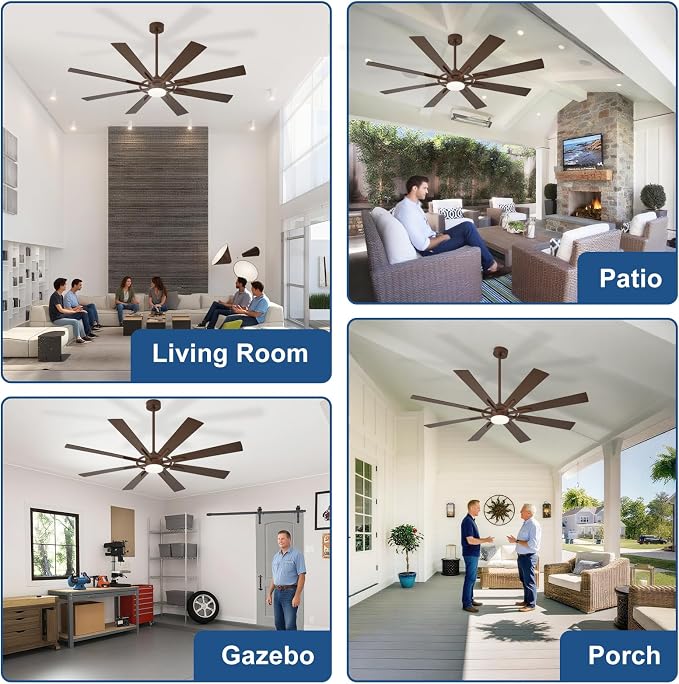 Large Ceiling Fans with Lights: Modern 66 Inch 8 Blade Outdoor Ceiling Fan with Remote APP Control - Dimmable Big Fan light Indoor Reversible 6 Speed Quiet DC Motor