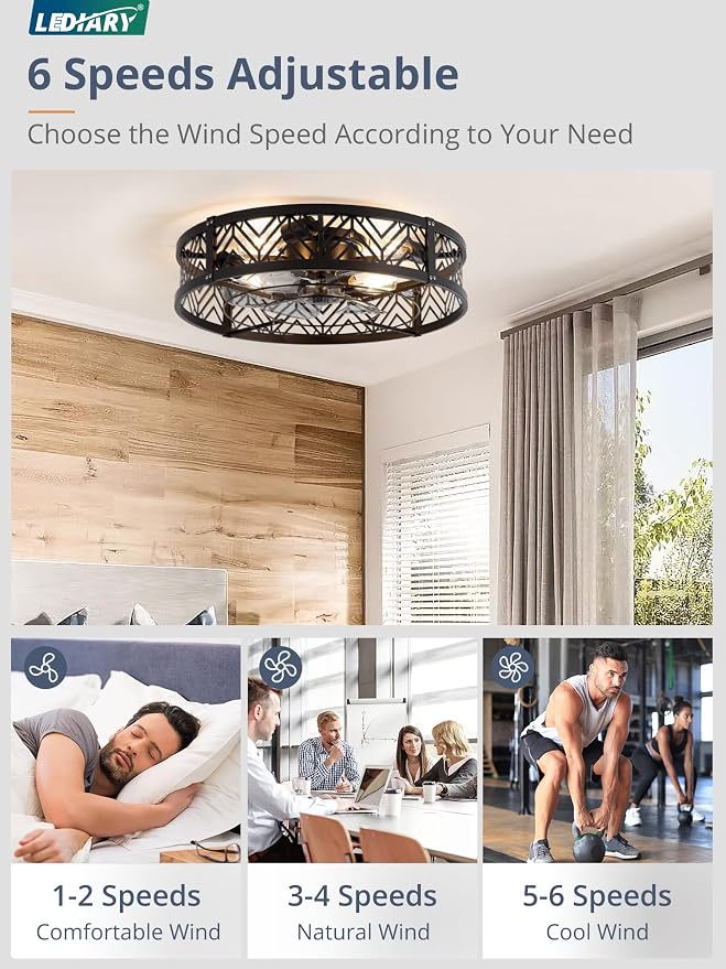 LEDIARY 23" Caged Ceiling Fan with Light, Large Flush Mount, App&Remote Control, Low Profile Bladeless Fan Light Fixture 6 Speed, Reversible and Quiet Motor-Black