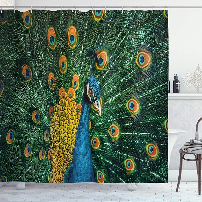 Ambesonne Peacock Shower Curtain, Portrait of The Peacock Courtship Display Eye Spotted Tail Tropics Natural, Cloth Fabric Bathroom Decor Set with Hooks, 69" W x 75" L, Orange Blue Green