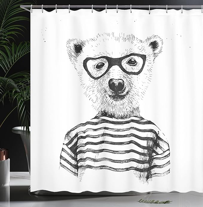 Ambesonne Animal Shower Curtain, Dressed up Hipster Nerd Smart Male Bear in Glasses Fun Character Animal Art Print, Cloth Fabric Bathroom Decor Set with Hooks, 69" W x 70" L, White Charcoal Grey