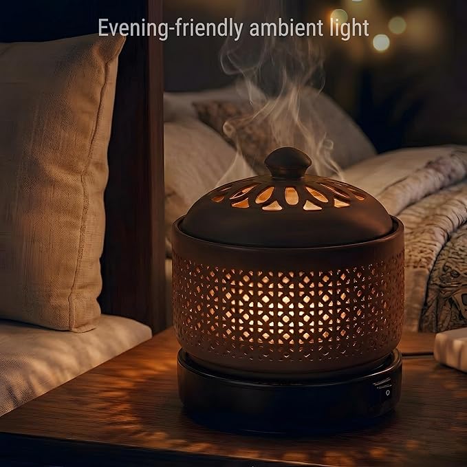 Ceramic Electric Incense Burner with Temperature Control, Timer & Night Light – Bakhoor & Resin Warmer (Brown)