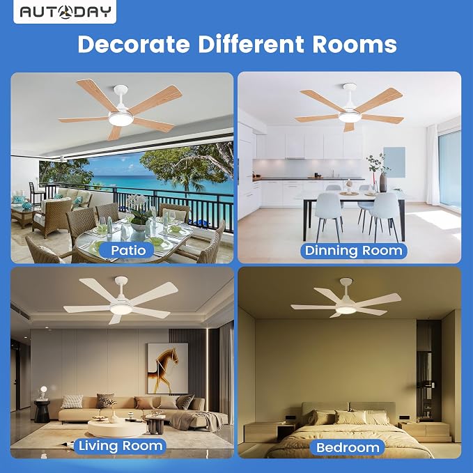 Ceiling Fans with Lights and Remote/App Control: 52 Inch White Ceiling Fan with Light, Quiet Reversible DC Motor, Dimmable Tri-Color LED, Modern Ceiling Fan for Bedroom/Patio, Indoor/Outdoor