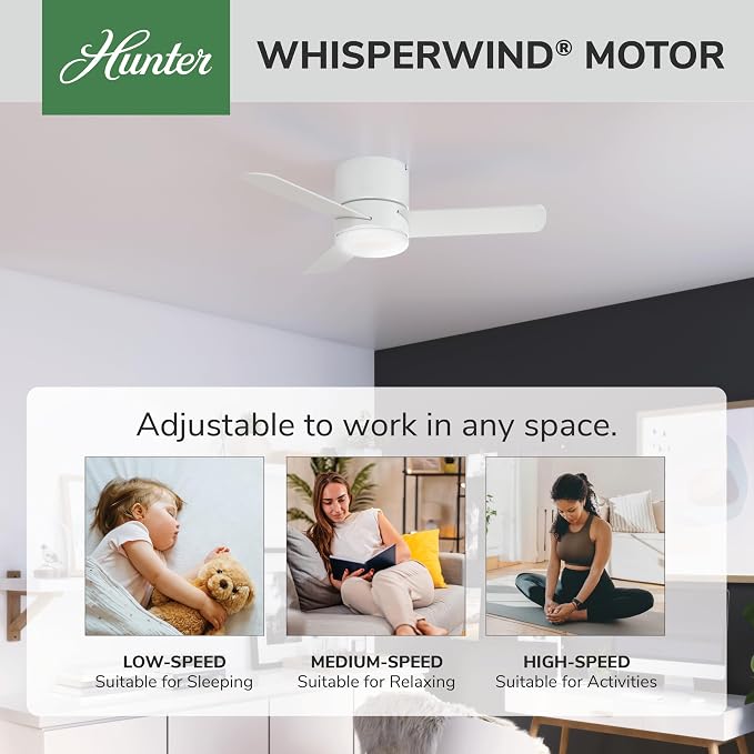 Hunter Minimus, Indoor, Ceiling Fan, with LED Light, 44 inch, Fresh White | Modern, Low Profile Flush Mount, Remote Control, 3 Blades, For Bedroom, Living Room, 59452