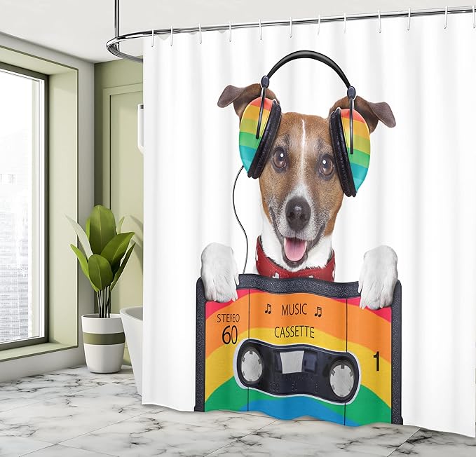 Ambesonne Popstar Party Shower Curtain, Dog Listening to Music from an Old Cassette of The 80's Colorful Headphones, Cloth Fabric Bathroom Decor Set with Hooks, 69" W x 75" L, Brown Multicolor