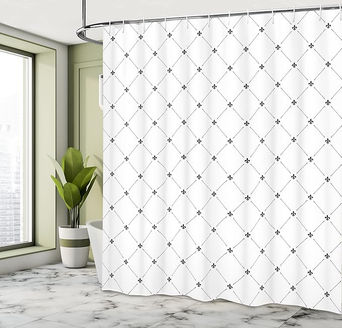 Ambesonne Fleur De Lis Shower Curtain, Monochrome Style Damask Pattern with Vintage Geometric Diamond Lines, Cloth Fabric Bathroom Decor Set with Hooks, 69" W x 70" L, White and Black