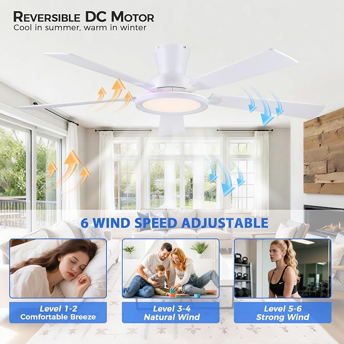 Ayaoty Ceiling Fans with Lights - 52in Flush Mount Ceiling Fan with RGB Dimmable, 3CCT 6 Wind Speeds and Reversible Quiet Motor, Low Profile RGB Fan Light for Modern Indoor, Party - White