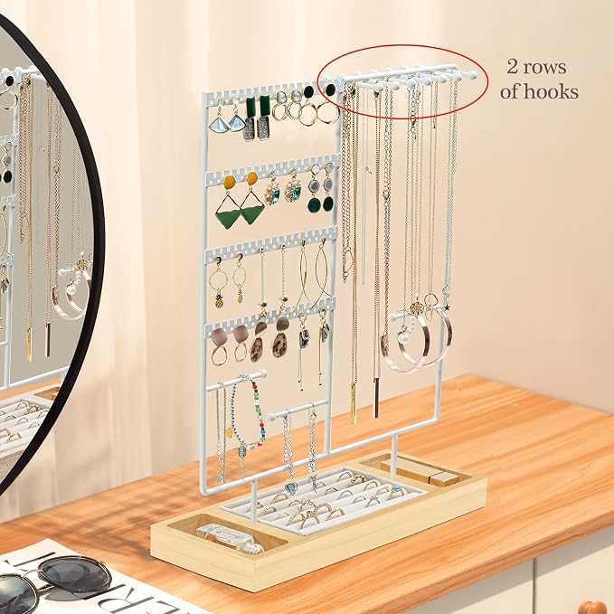 ProCase Jewelry Organizer Stand Earring Holder Organizer, 6 Tiers Earring Organizer Tree Necklace Rack Jewellery Tower Bracelets Holder Storage with Removable Wooden Ring Tray for Women Girls -White