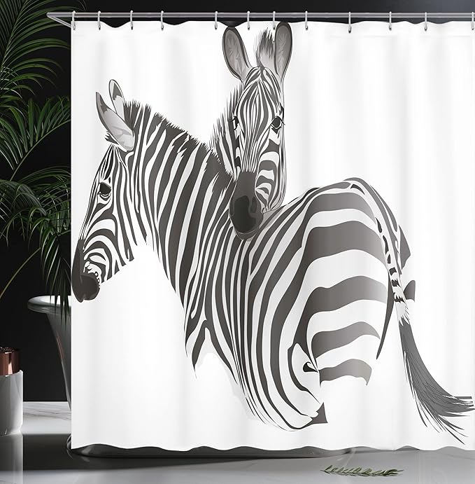 Ambesonne Zebra Shower Curtain, Exotic Animals Couple Savannah Theme Jungle Fauna Camouflage Digital Design Print, Cloth Fabric Bathroom Decor Set with Hooks, 69" W x 84" L, Grey White