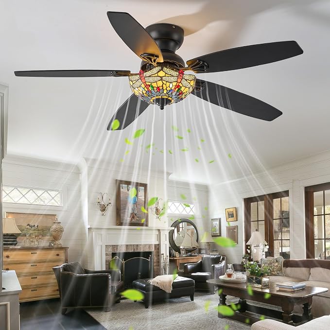 Tiffany Ceiling Fans with Lights - 52" Ceiling Fan Chandelier with 5 Dual-Blades and Glass Shade, 6 Speeds and Reversible, Indoor and Outdoor, Retro Style