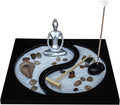 Zen Garden Deluxe Desk Meditation Garden Yin Yang Base with Silver Statue, Sand, Rocks, Rake, Incense and Incense Burner - Peace & Tranquility