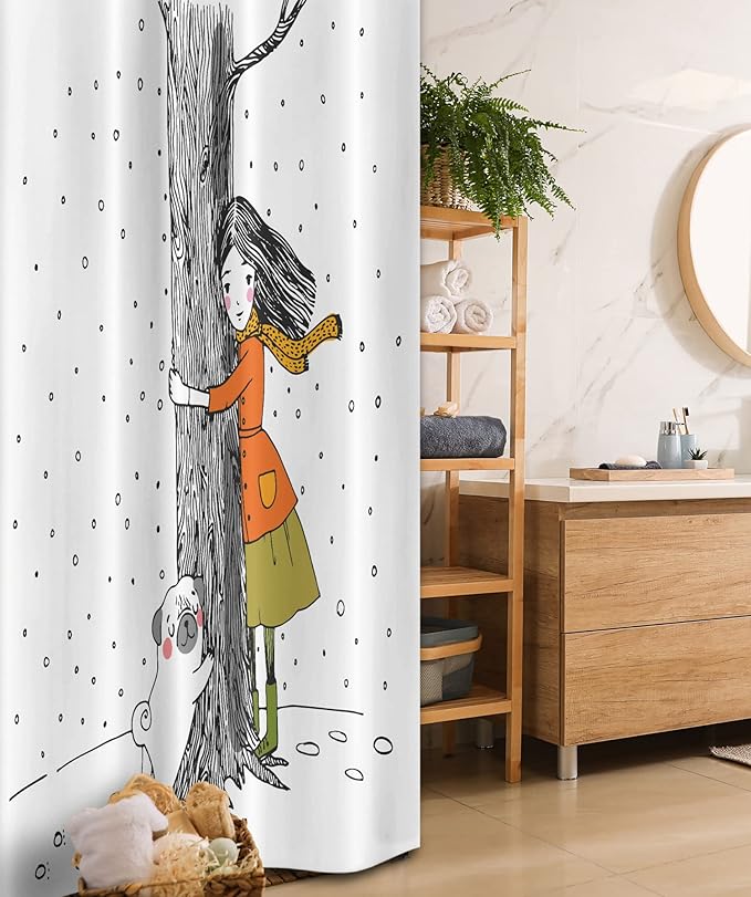 Ambesonne Dog Stall Shower Curtain, Young Girlnd Pug Dog Holding Tree in The Snowy Weather Illustration, Fabric Bathroom Decor Set with Hooks, 36" W x 72" L, White Black