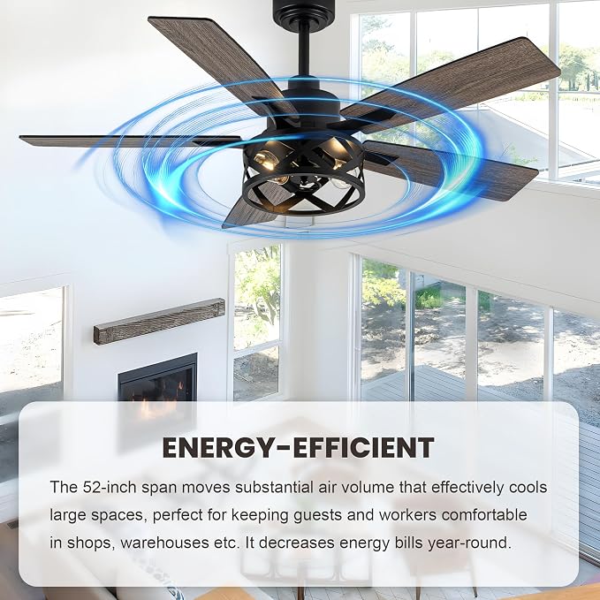 Dawn Whisper 52 Inch Farmhouse Ceiling Fans with Lights and Remote Quiet and Reversible DC Motor Black Industrial Rustic Caged Ceiling Fan for Bedroom Living Room Covered Patio