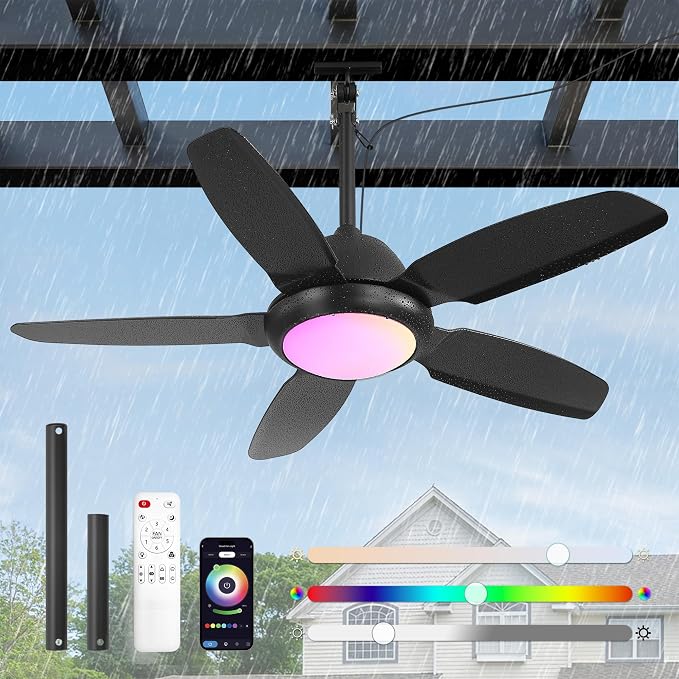 Fanbulous 42" Waterproof Outdoor Ceiling Fan with Light for patio,RGB Black | IP65 Wet Rated, 3CCT Dimmable Light,Remote Control,6-Speed DC Motor, Plug-in Cord, Hanging Hook for Gazebo, Porch, Pergola.