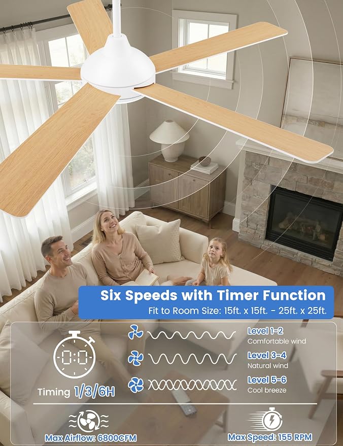60 Inch Ceiling Fans with Lights and Remote/App Control: White Ceiling Fan with Light, Quiet Reversible DC Motor, Dimmable Tri-Color LED, Modern Ceiling Fan for Bedroom/Patio, Indoor/Outdoor