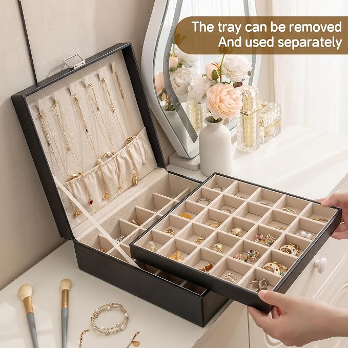 Frebeauty 50 Grid Earring Holder Organizer,2 Layer Jewelry Box for Women | Faux Leather,Velvet Lining,Adjustable Divider,Jewelry Organizer for Ring Necklace and Bracelet,for Home Use and Jewelry Store