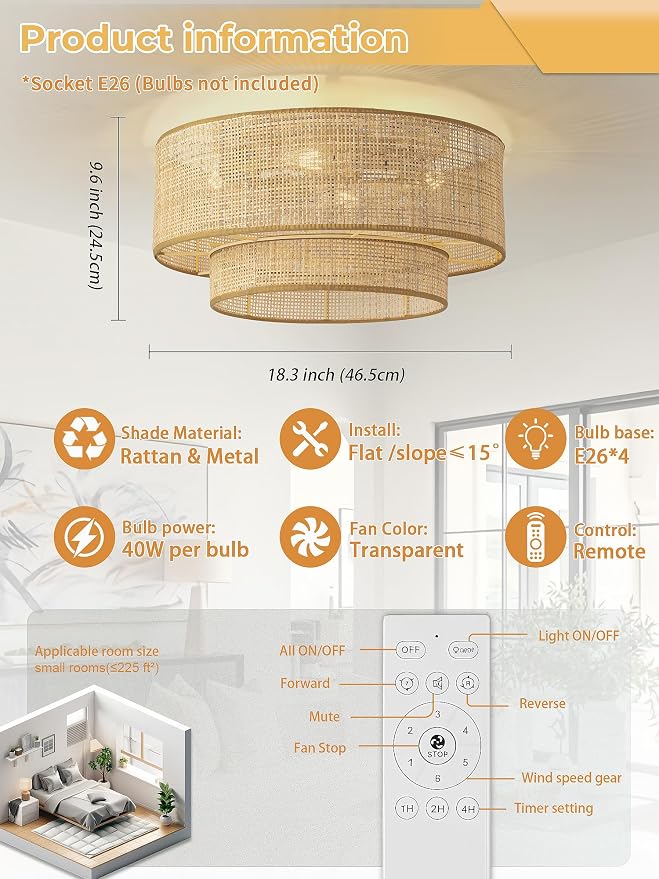 Boho Caged Ceiling Fans with Lights,Rattan Fandelier Ceiling Fans with Lights and Remote Control, Coastal Enclosed Flush Mount with Reversible 6 Speeds for Bedroom Dining Room Kitchen