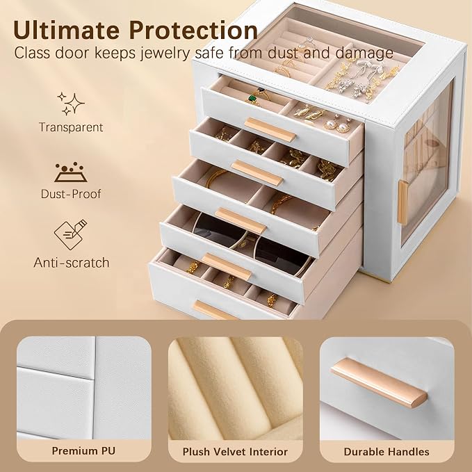 Homeanda Jewelry Box for Women with Glass Lid, 5 Drawers Jewelry Organizer and Storage for Necklaces, Rings, Earrings, Bracelets, Gift for Girls and Teens,PU Leather (White)