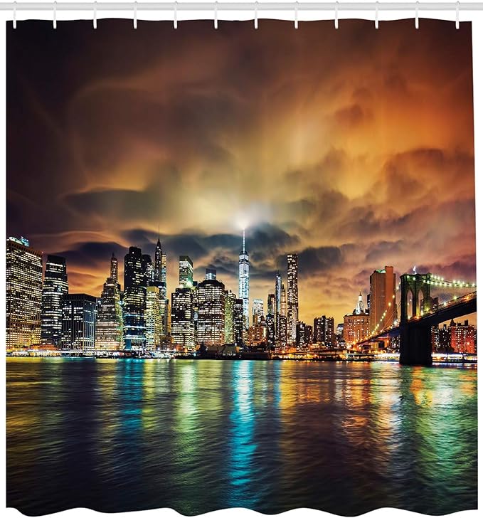 Ambesonne NYC Shower Curtain, View of Manhattan at Sunset with Dramatic Sky Clouds Dark Architecture Evening Picture, Cloth Fabric Bathroom Decor Set with Hooks, 69" W x 75" L, Brown Yellow