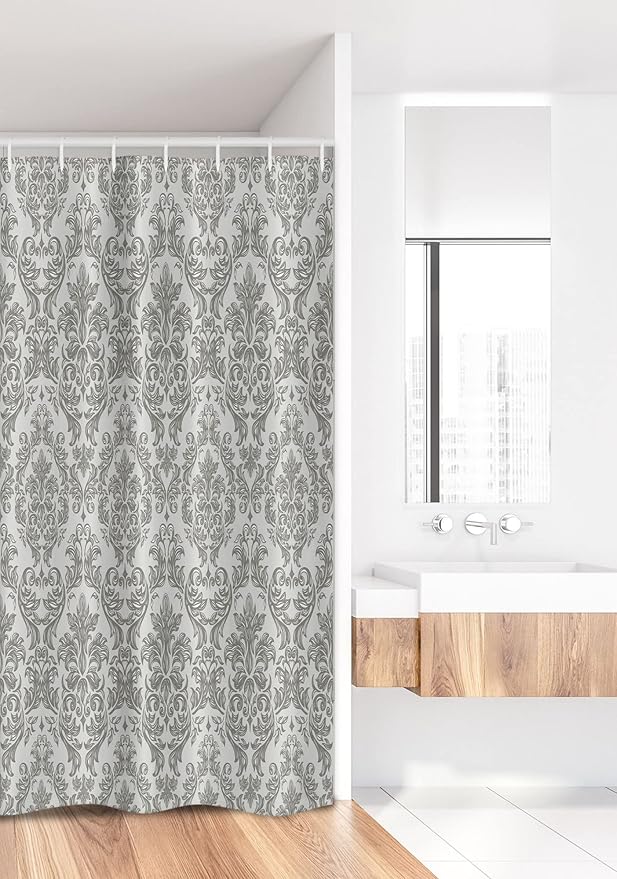 Ambesonne Damask Stall Shower Curtain, Baroque Style Leaf Blossoming Pattern Flowery Design Curves Ornamental Artwork, Fabric Bathroom Decor Set with Hooks, 36" W x 72" L, Dimgray