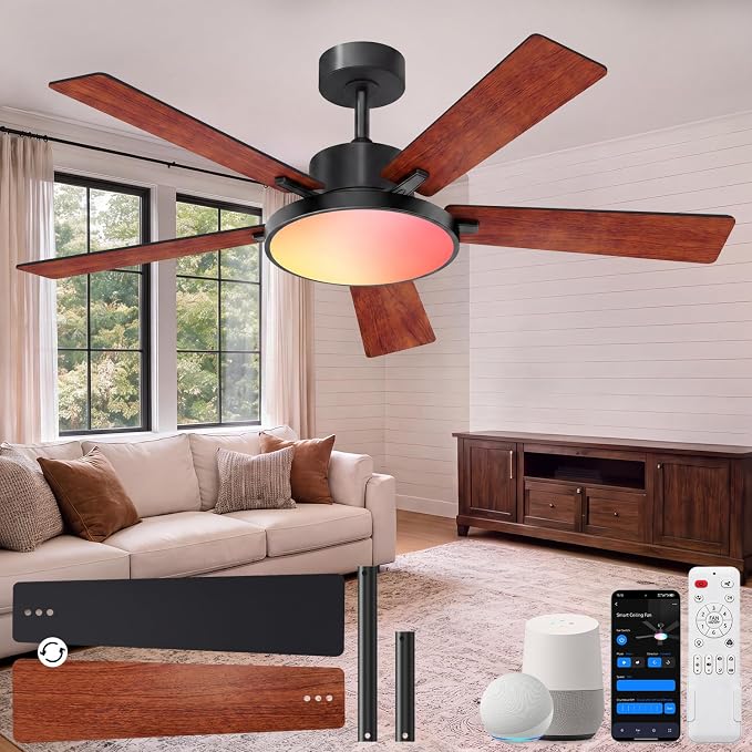 Ceiling Fan with Light, RGBCW Smart 52" Low Profile Ceiling Fan with Light and Remote, Alexa/Google/App Control, Reversible DC Motor, Dimmable, 2500lm, Quiet Fan for Bedroom,Living Room Brown