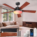 Ceiling Fan with Light, RGBCW Smart 52" Low Profile Ceiling Fan with Light and Remote, Alexa/Google/App Control, Reversible DC Motor, Dimmable, 2500lm, Quiet Fan for Bedroom,Living Room Brown
